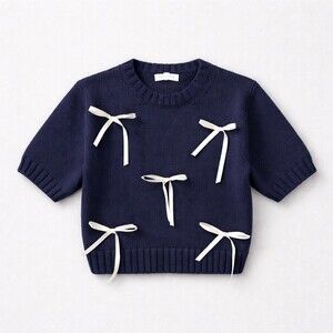 Rosie Posie Sweater Top Womens M Navy Bow Accent Cropped Short Sleeve Knit